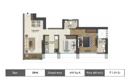 2 BHK 600 SqFt